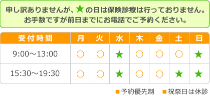 受付時間：月曜から金曜まで、9時から13時、15時半から19時半まで。予約優先制。土曜午後日曜は保険診療外。祝日は休診。